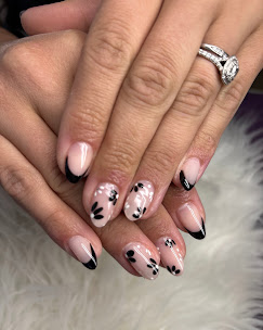 Black and white floral French nails